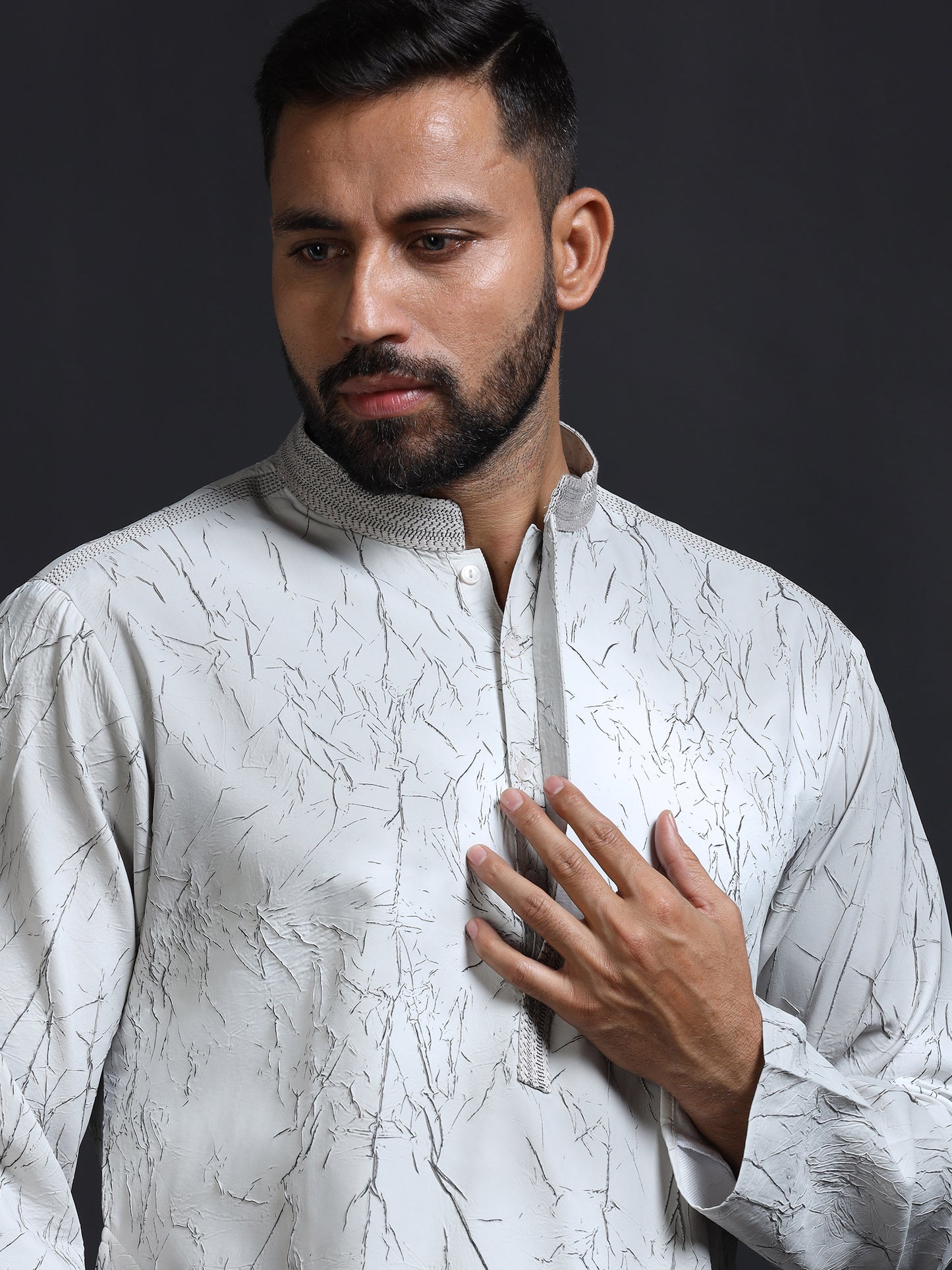 Men’s Charcoal Grey Double Toned Crush Pattern Kurta Set