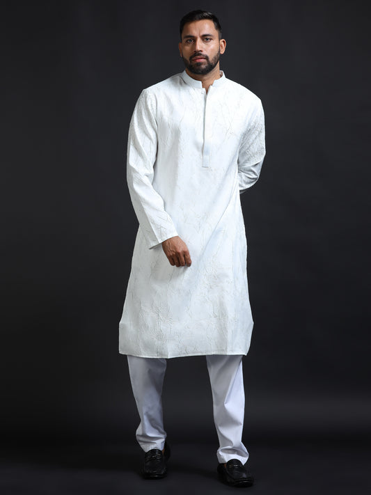 Men’s White Crush Pattern Kurta Set
