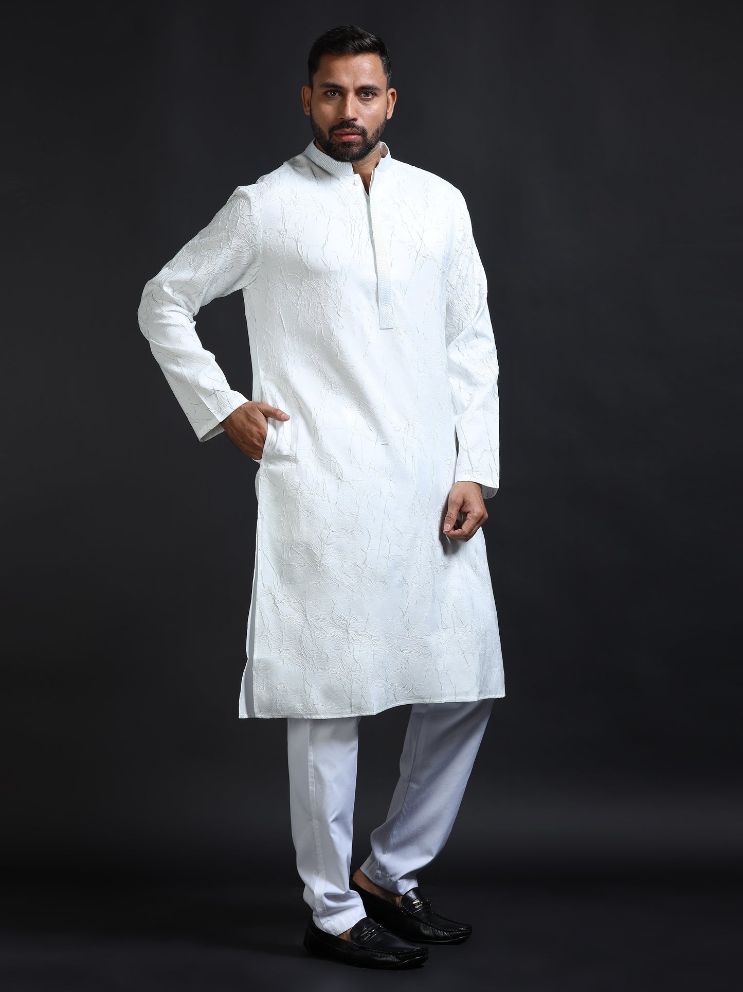 Men’s White Crush Pattern Kurta Set