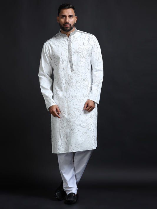 Men’s White Crush Pattern Kurta Set