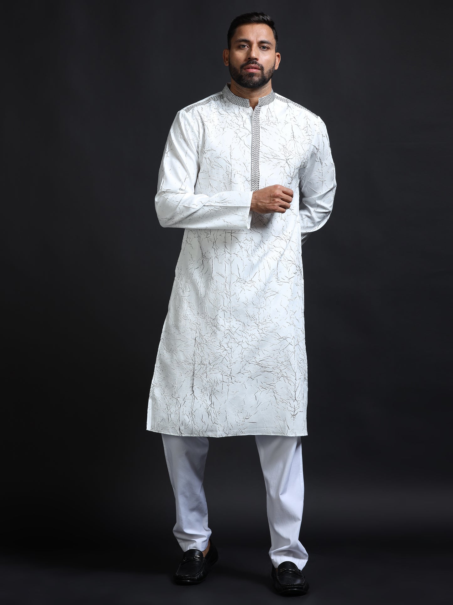 Men’s White Crush Pattern Kurta Set