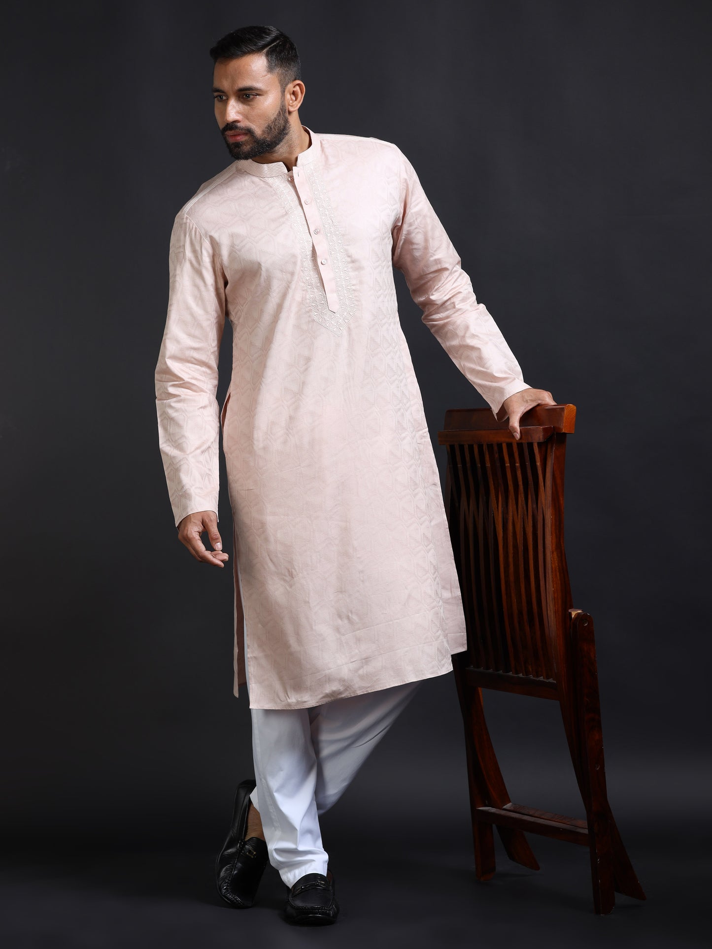 Powder Pink Kurta Set for Men with White Pyjama