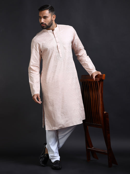 Powder Pink Kurta Set for Men with White Pyjama