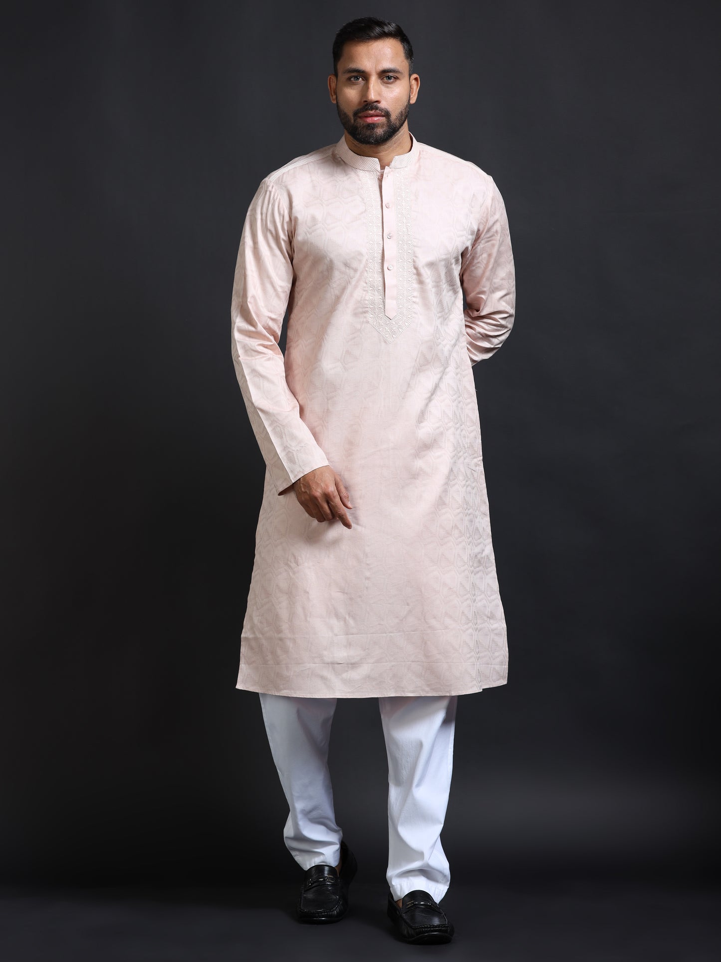 Powder Pink Kurta Set for Men with White Pyjama