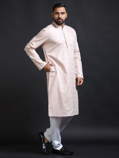 Powder Pink Kurta Set for Men with White Pyjama