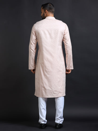 Powder Pink Kurta Set for Men with White Pyjama
