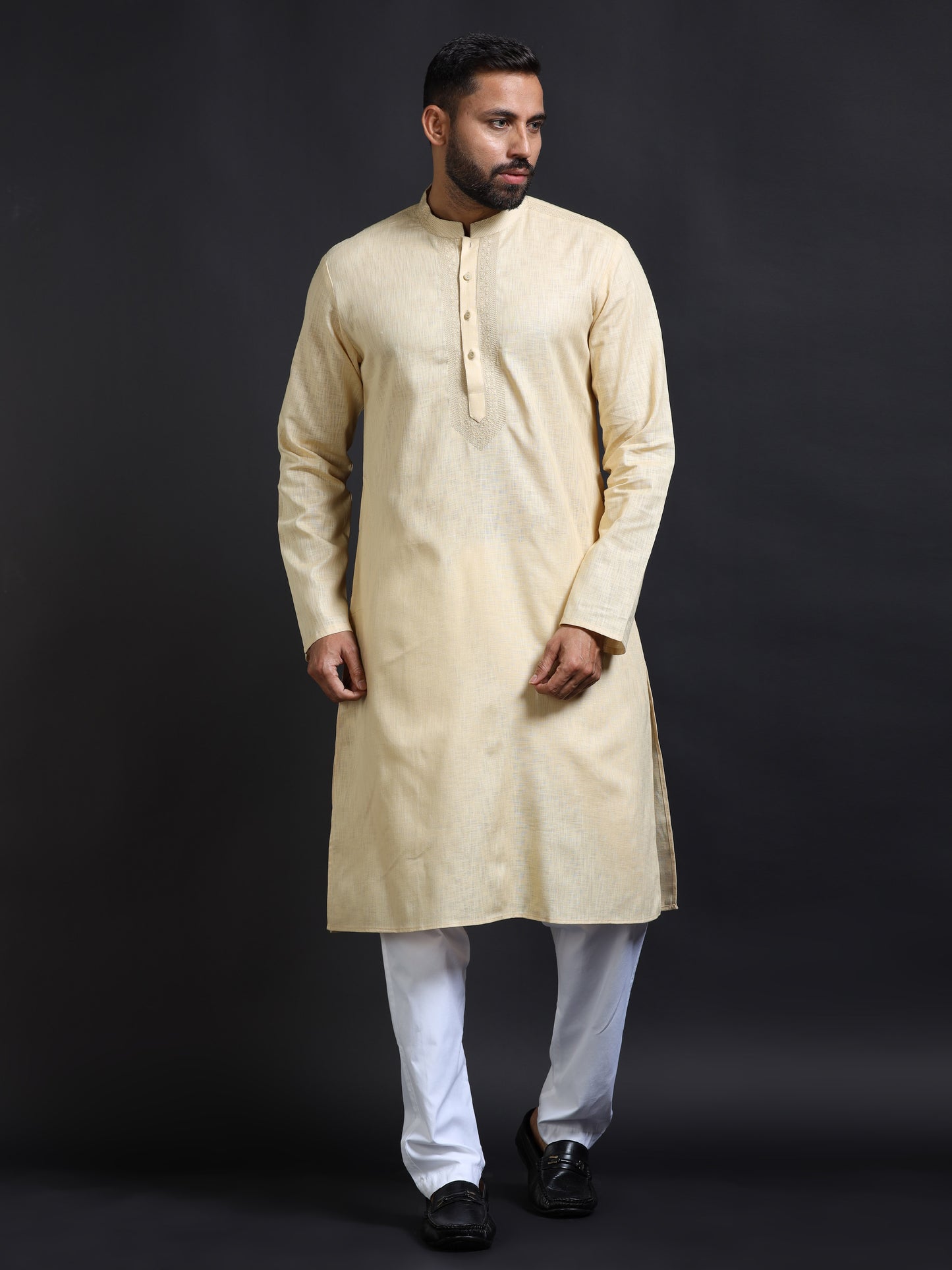 Men's Pastel Yellow Cotton Linen Kurta Pajama Set for Men