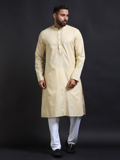 Men's Pastel Yellow Cotton Linen Kurta Pajama Set for Men