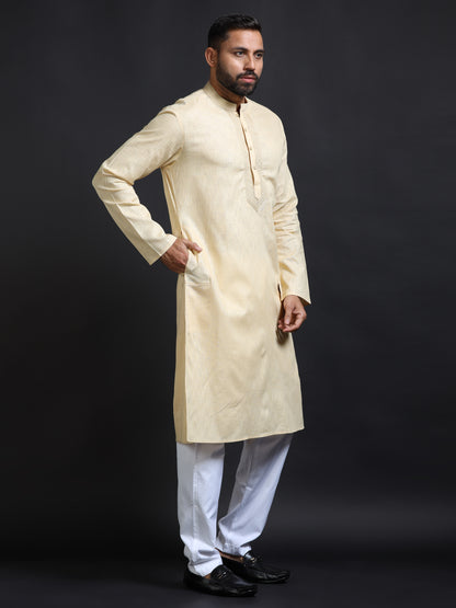 Men's Pastel Yellow Cotton Linen Kurta Pajama Set for Men