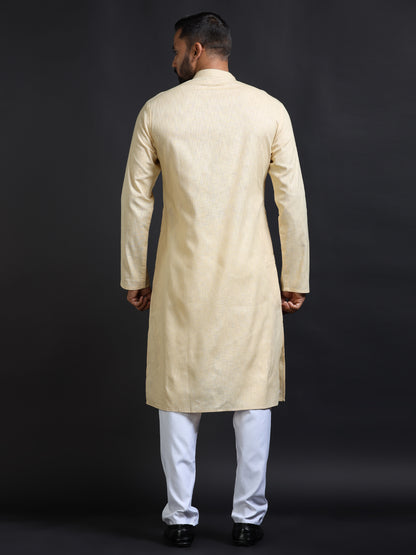 Men's Pastel Yellow Cotton Linen Kurta Pajama Set for Men
