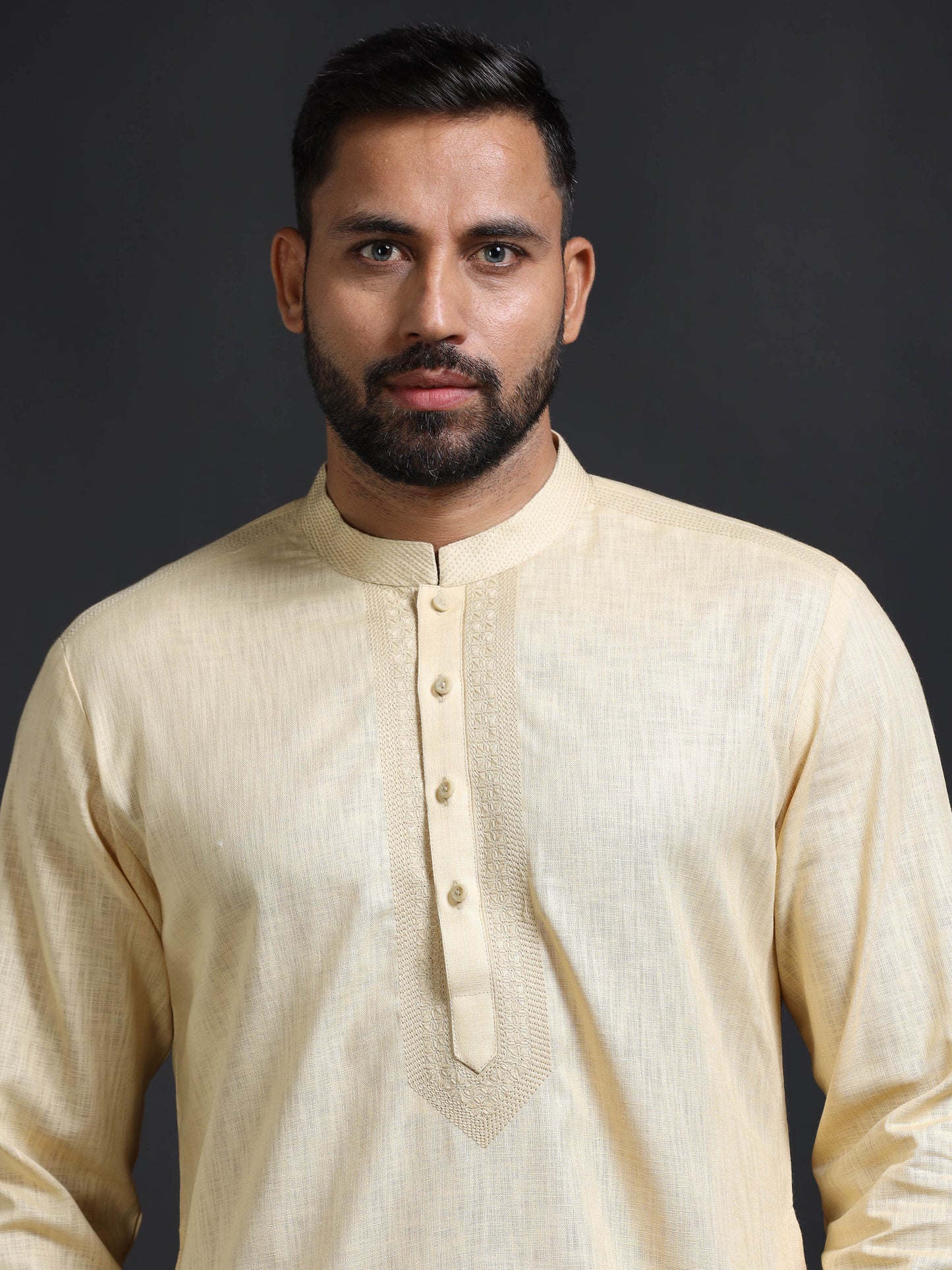 Men's Pastel Yellow Cotton Linen Kurta Pajama Set for Men