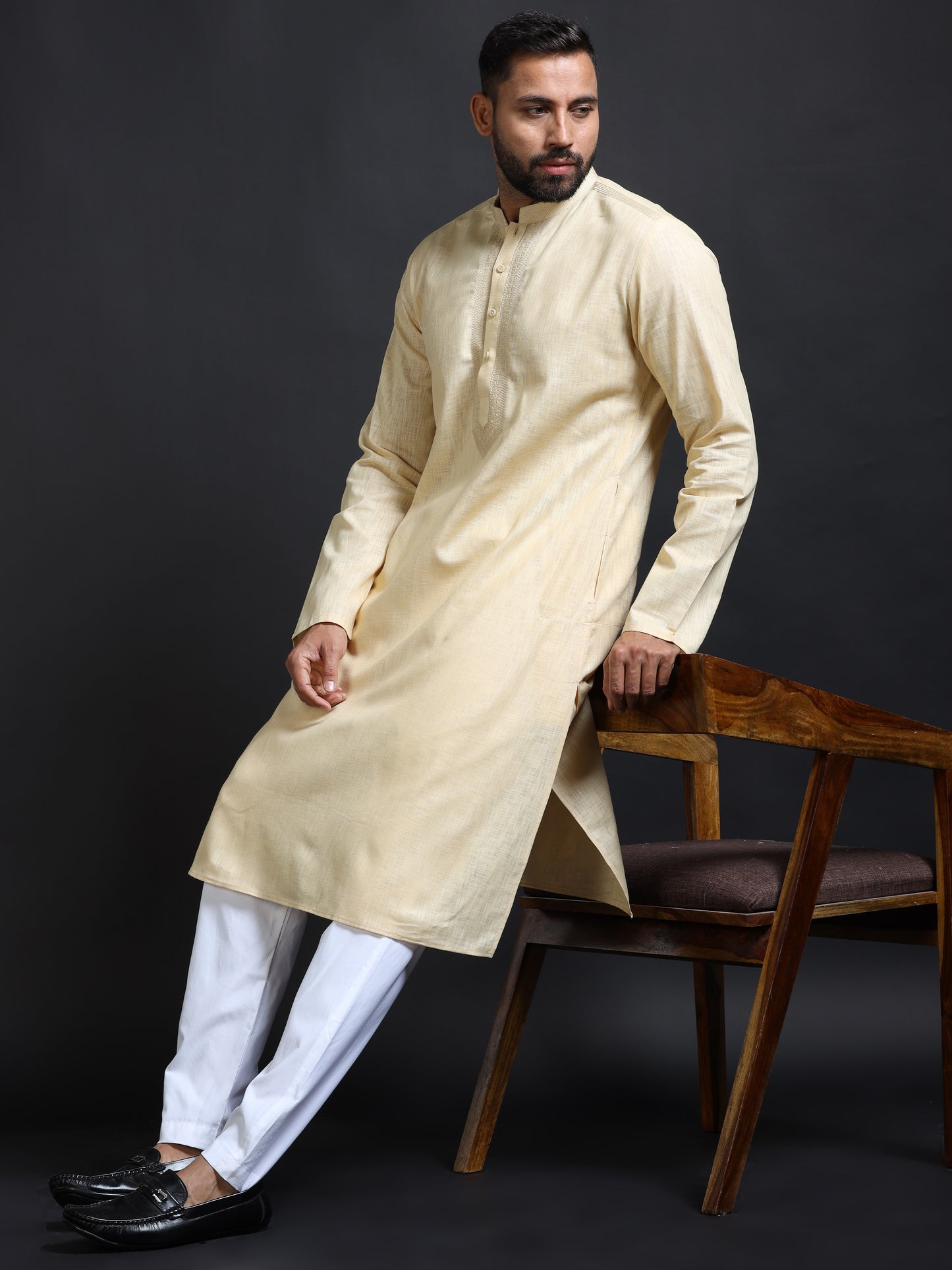Men's Pastel Yellow Cotton Linen Kurta Pajama Set for Men