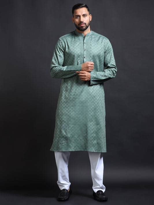 Sage Green Kurta Set for Men with White Pyjama
