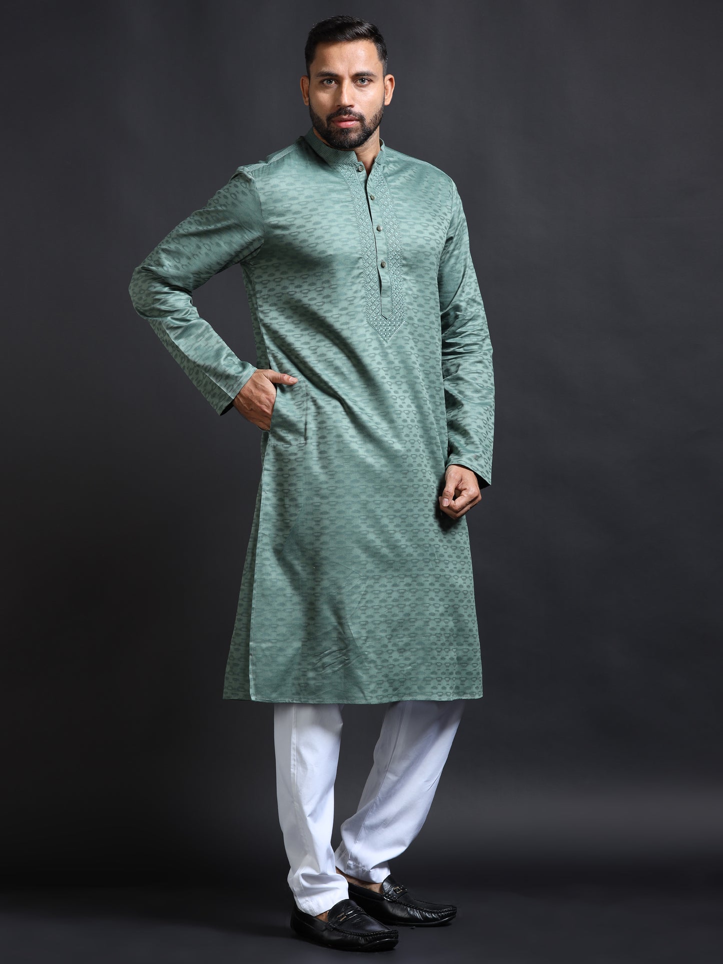 Sage Green Kurta Set for Men with White Pyjama