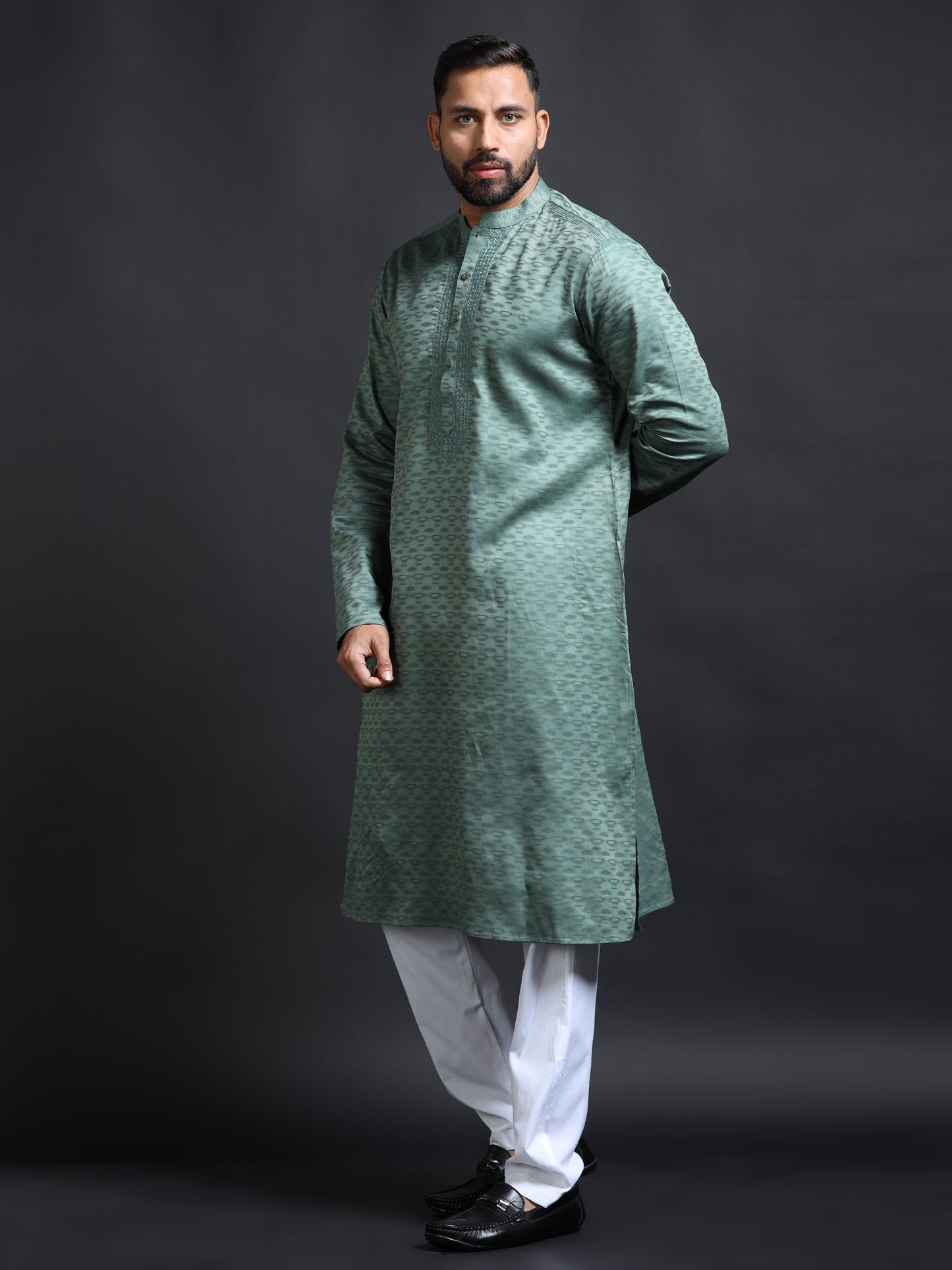 Sage Green Kurta Set for Men with White Pyjama