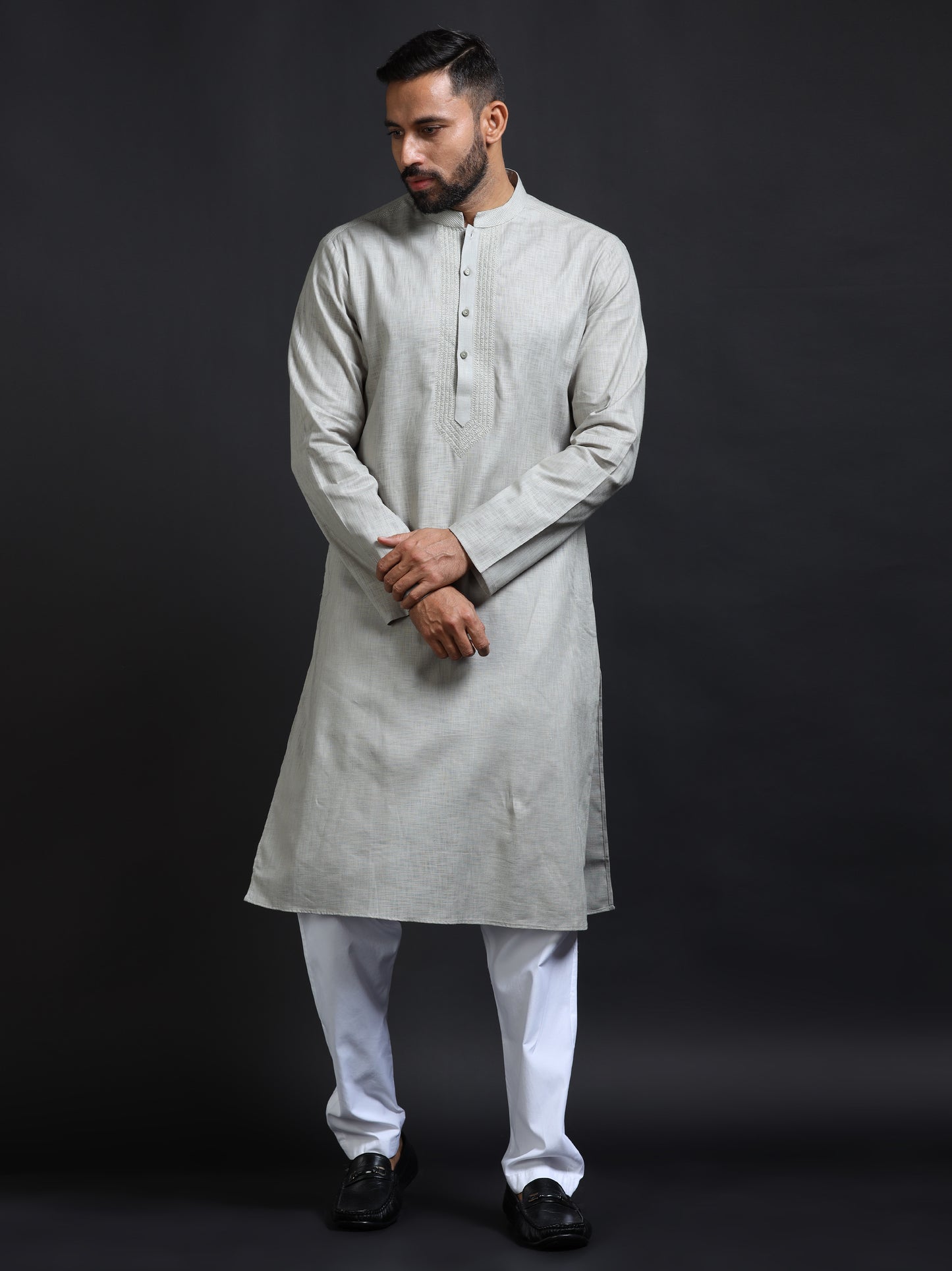 Men's Silver Grey Cotton Linen Kurta Pyjama Set for Men