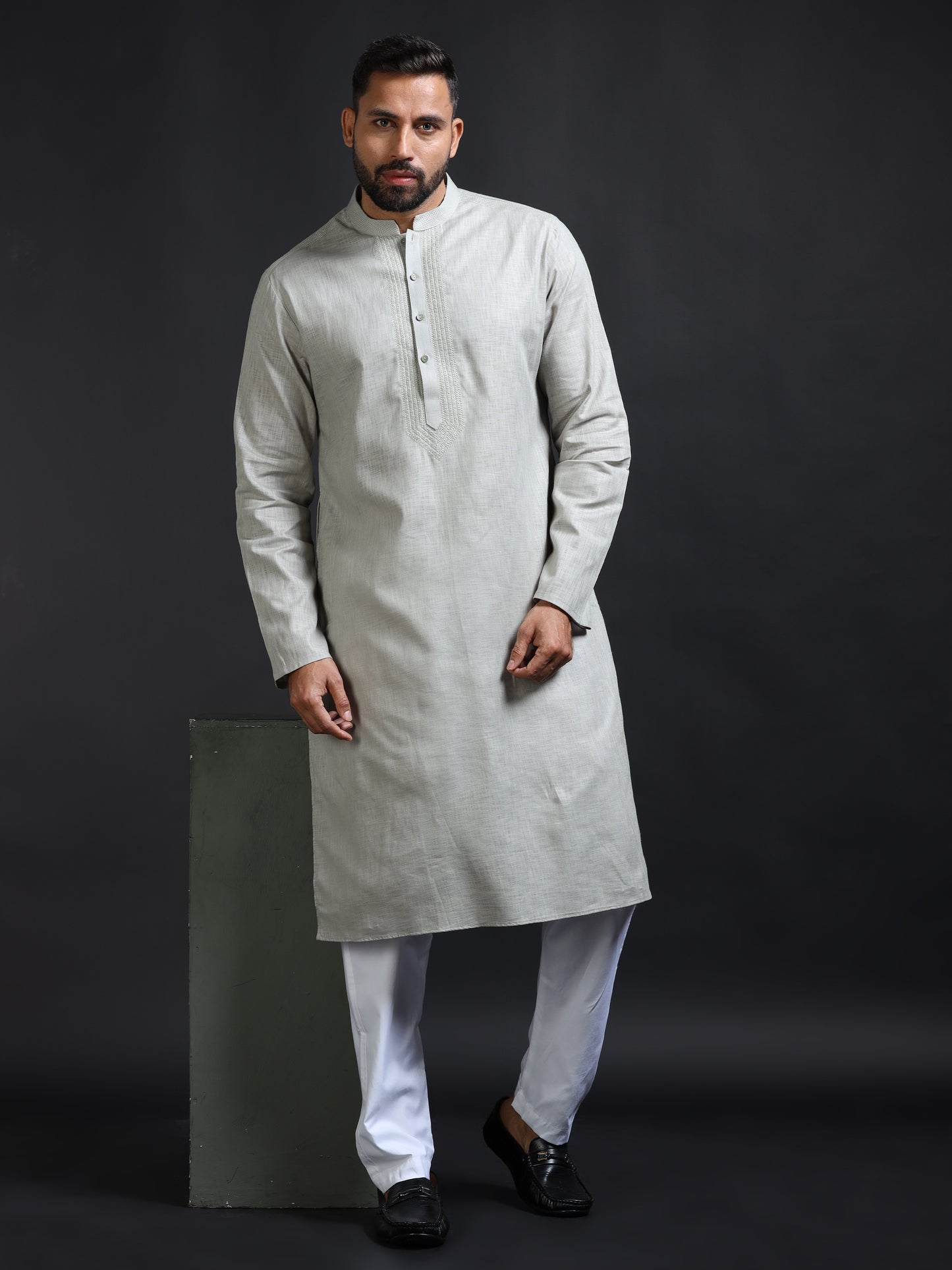 Men's Silver Grey Cotton Linen Kurta Pyjama Set for Men
