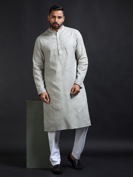 Men's Silver Grey Cotton Linen Kurta Pyjama Set for Men