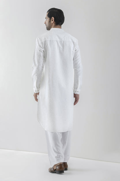 Men's chenille white kurta pyjama
