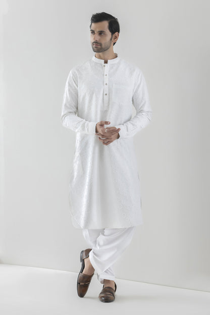 Men's chenille white kurta pyjama
