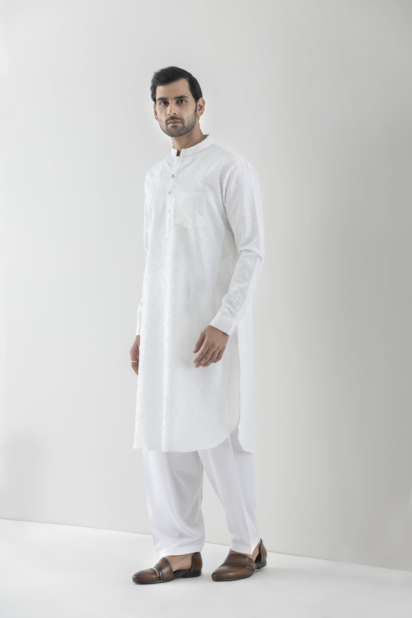 Men's chenille white kurta pyjama