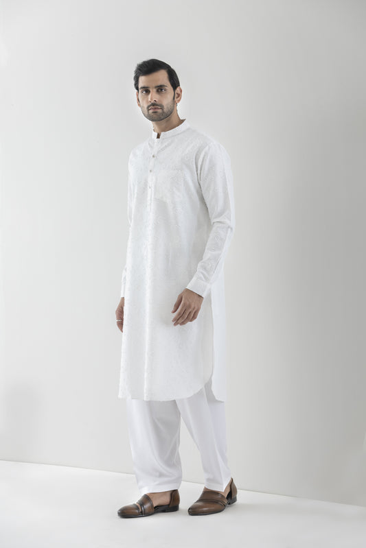 Men's chenille white kurta pyjama