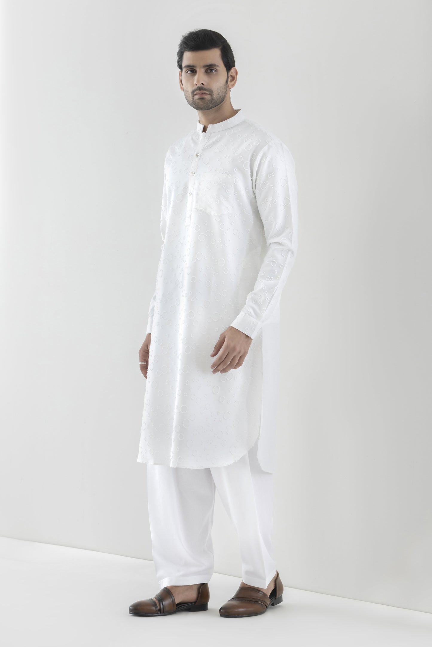 Men's chenille white kurta pyjama