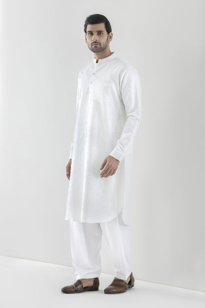 Men's chenille white kurta pyjama