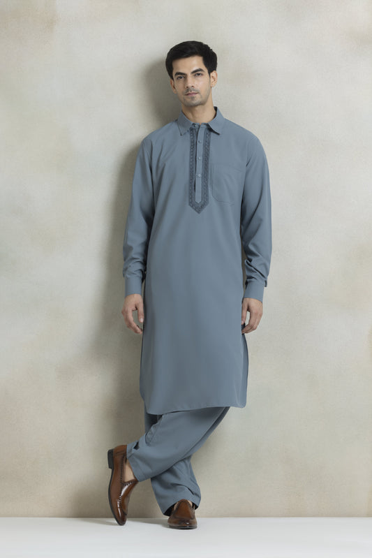 Men's muted blue-grey pathani