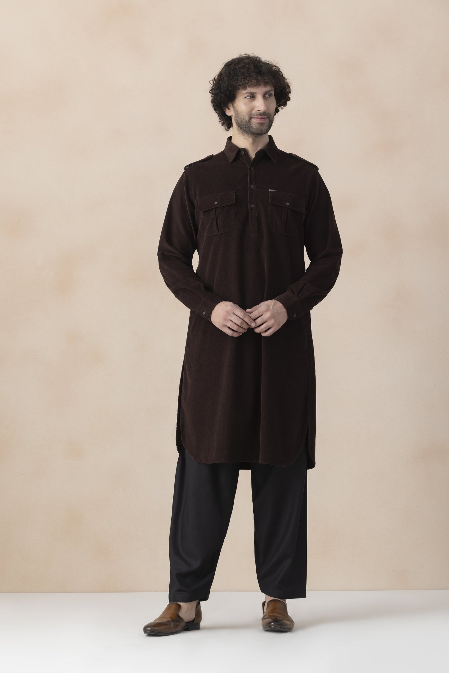 Men's Dark Brown Corduroy Pathani