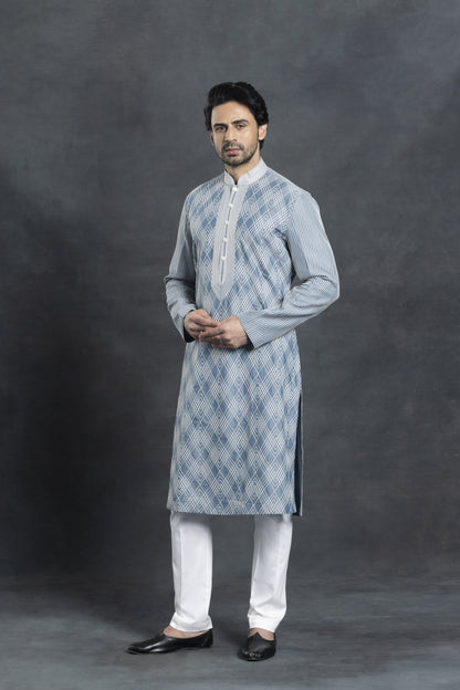 Sky Blue Checkered Pattern Kurta Set