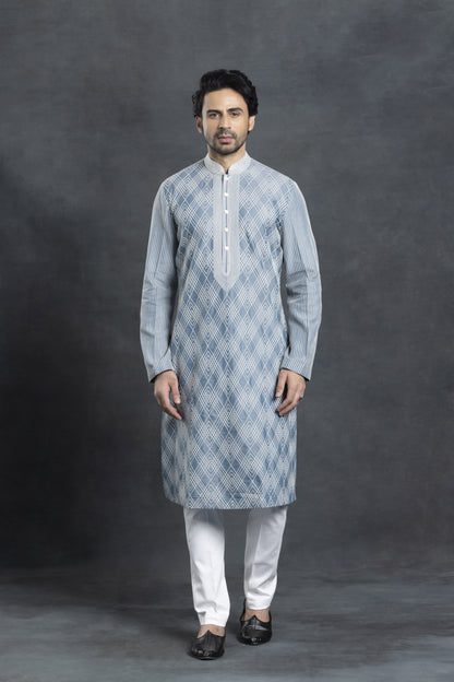 Sky Blue Checkered Pattern Kurta Set