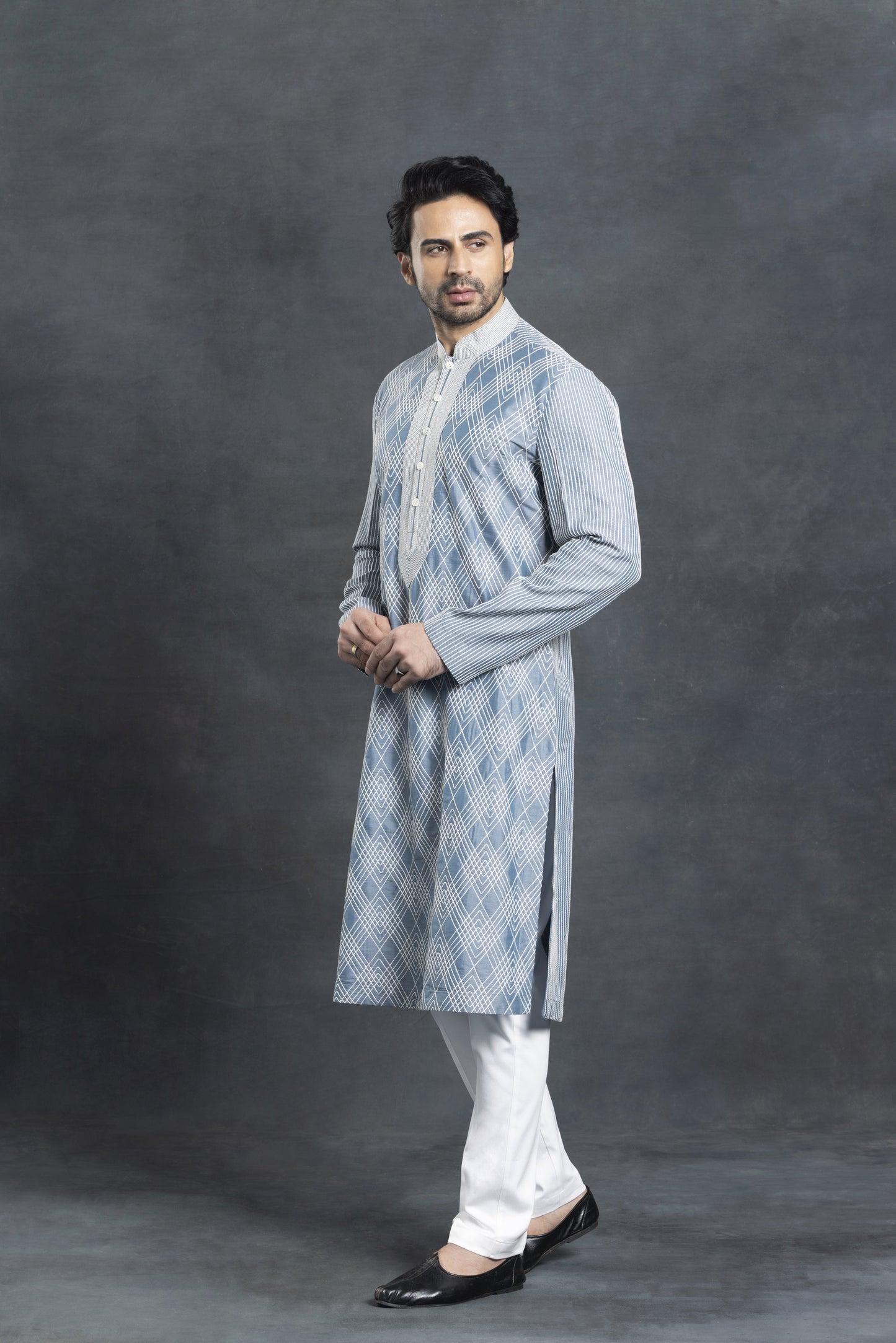 Sky Blue Checkered Pattern Kurta Set