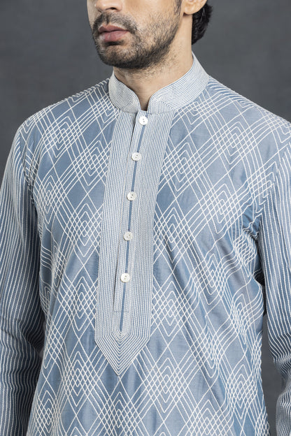 Sky Blue Checkered Pattern Kurta Set