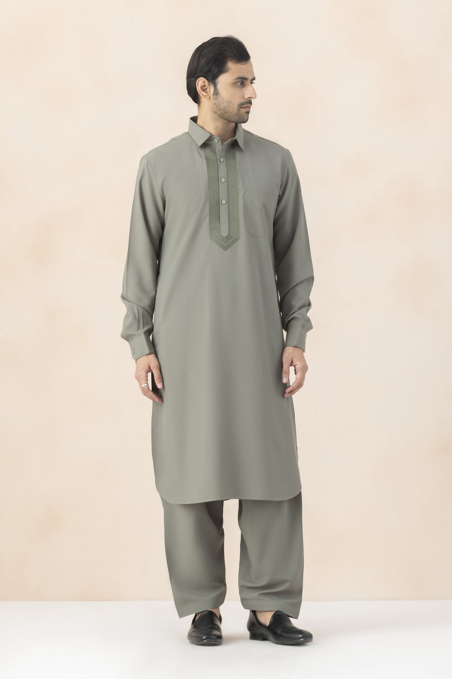 Muted olive grey pathani for men