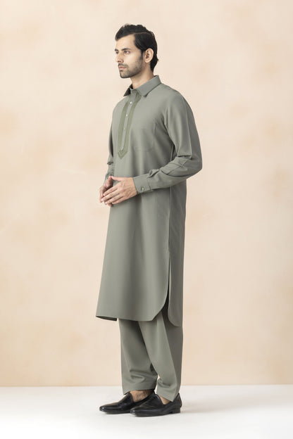 Muted olive grey pathani for men