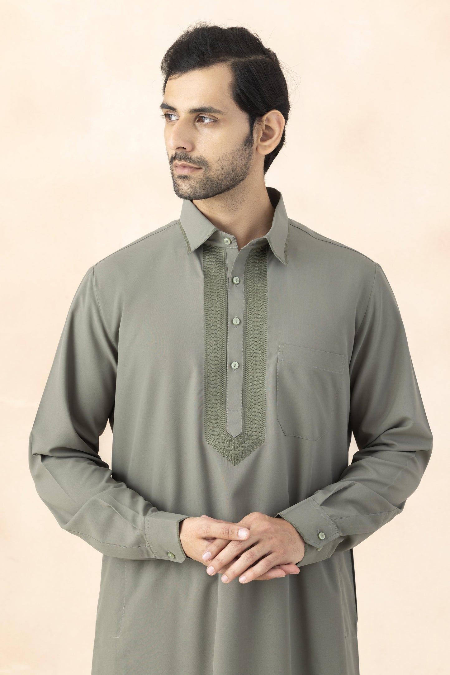 Muted olive grey pathani for men