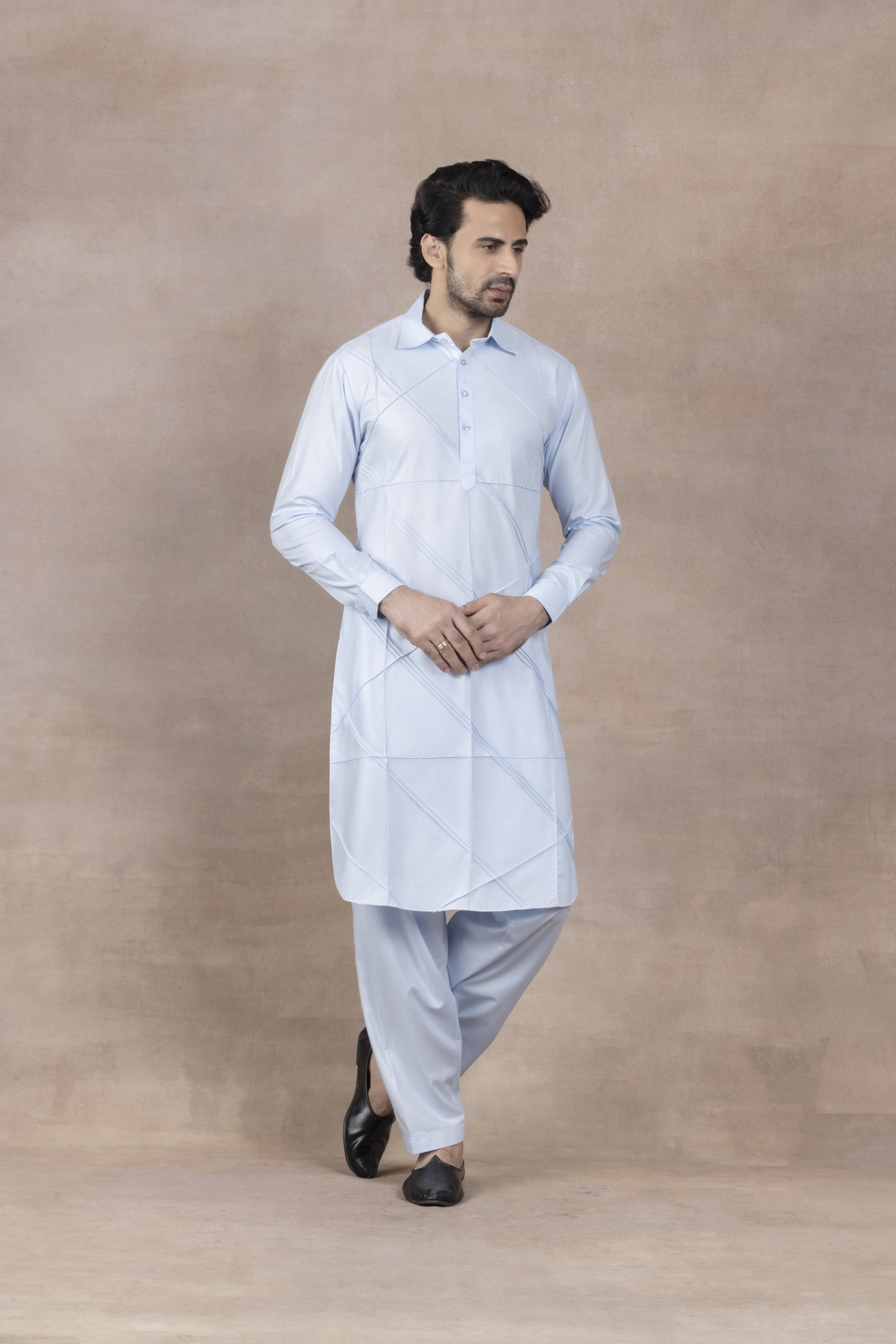 Men's Light Blue Diagonal-Pattern Kurta Set