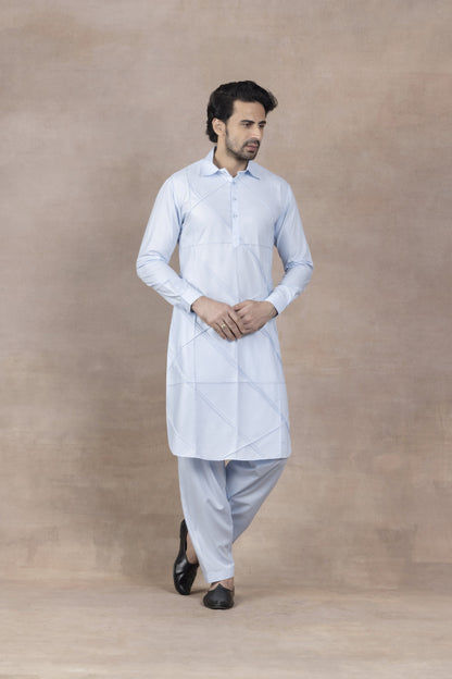 Men's Light Blue Diagonal-Pattern Kurta Set