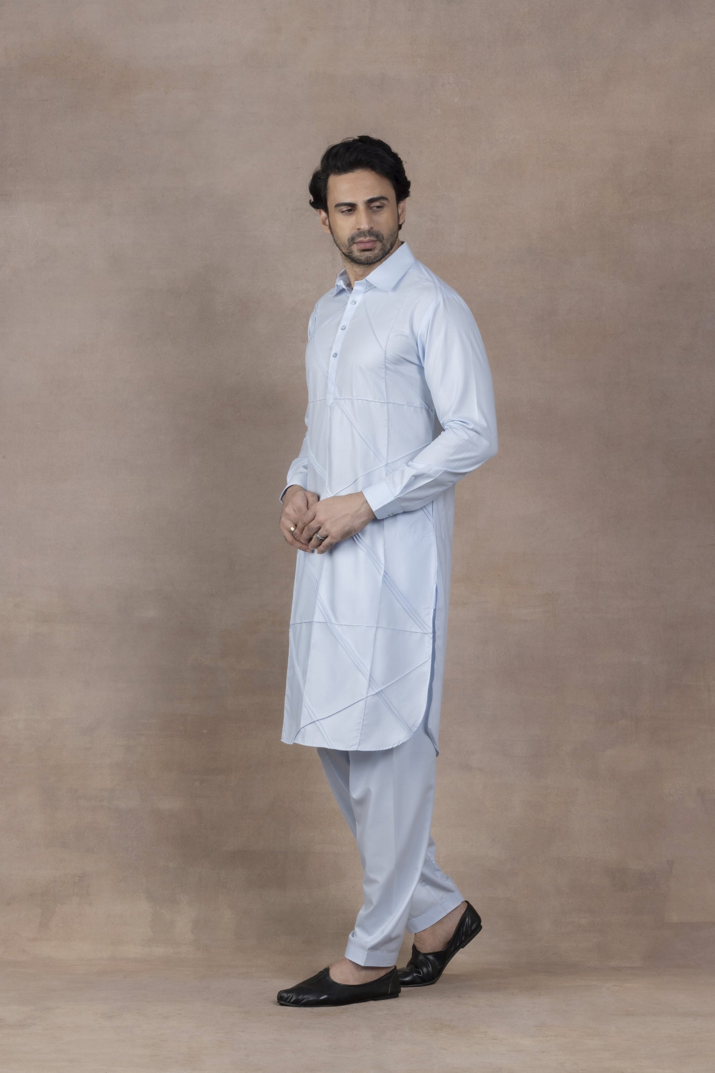 Men's Light Blue Diagonal-Pattern Kurta Set