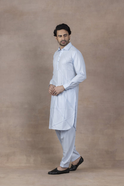 Men's Light Blue Diagonal-Pattern Kurta Set