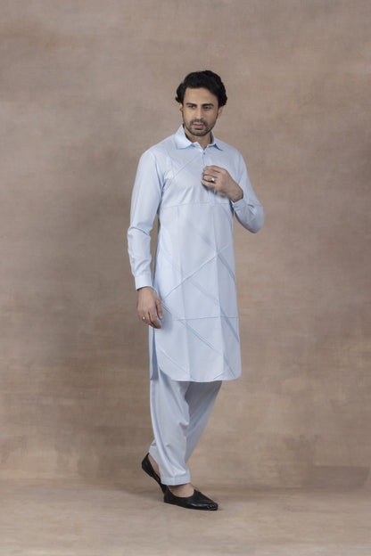 Men's Light Blue Diagonal-Pattern Kurta Set