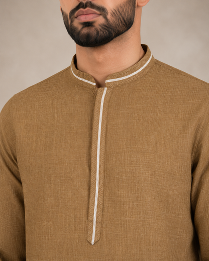 Men's Camel Brown Soft Touch Jute Kurta Pyjama Set