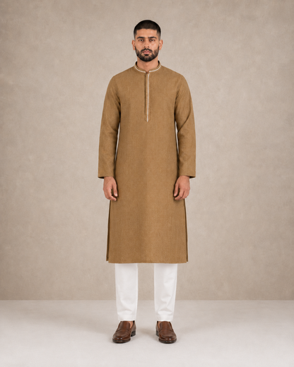 Men's Camel Brown Soft Touch Jute Kurta Pyjama Set