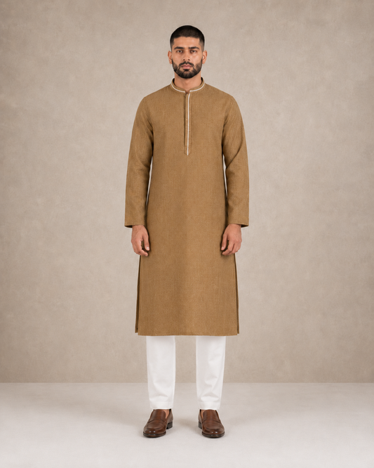 Men's Camel Brown Soft Touch Jute Kurta Pyjama Set