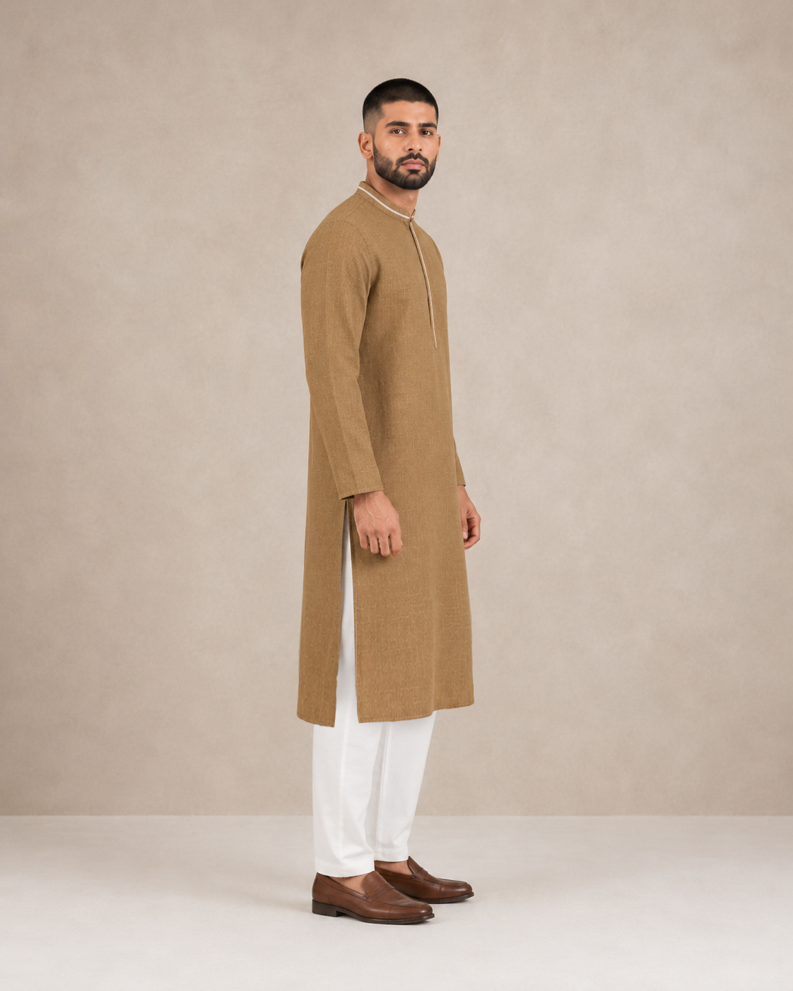 Men's Camel Brown Soft Touch Jute Kurta Pyjama Set