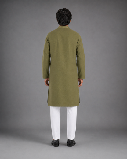 Men’s Olive Green Textured Kurta Pyjama Set