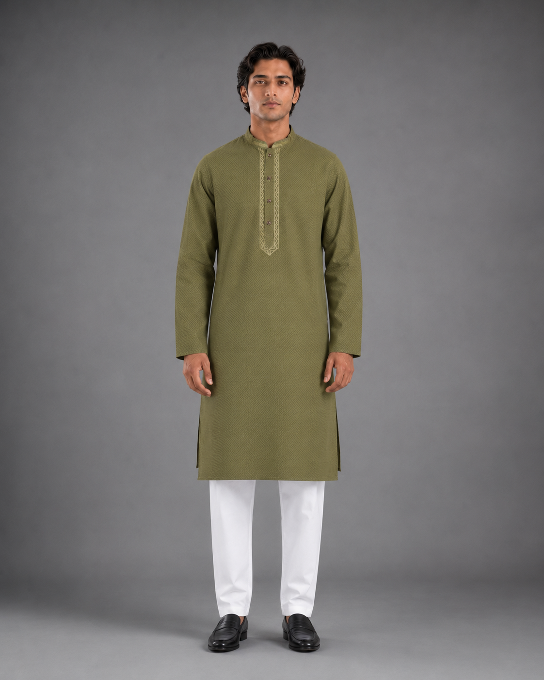 Men’s Olive Green Textured Kurta Pyjama Set