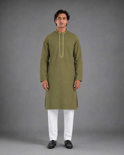 Men’s Olive Green Textured Kurta Pyjama Set