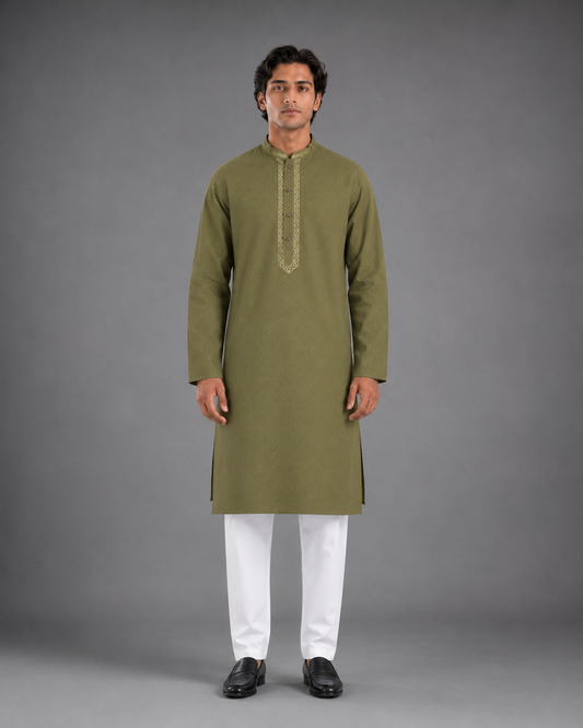 Men’s Olive Green Textured Kurta Pyjama Set
